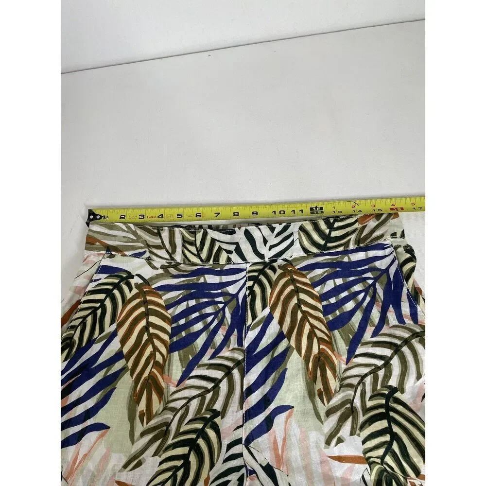 Tahari Size L 100% Linen Wide Leg Crop Pants Tropical Print Pull On